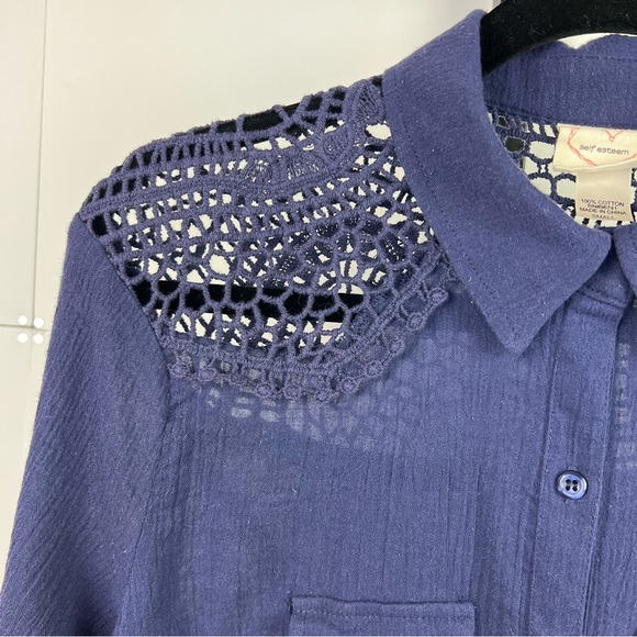 Self Esteem Navy Collar Lace Gauzy Button Down Blouse 3/4 Roll Up Sleeves Small - Picture 5 of 10